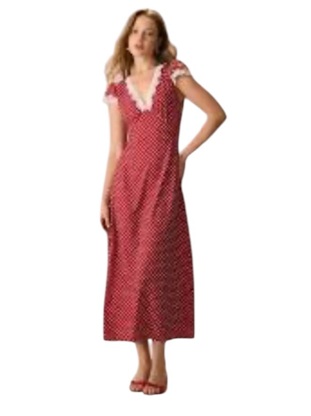 NWT RIHOAS Red Polka Dot V-neck Lace Trim Maxi Dress Women Size XL